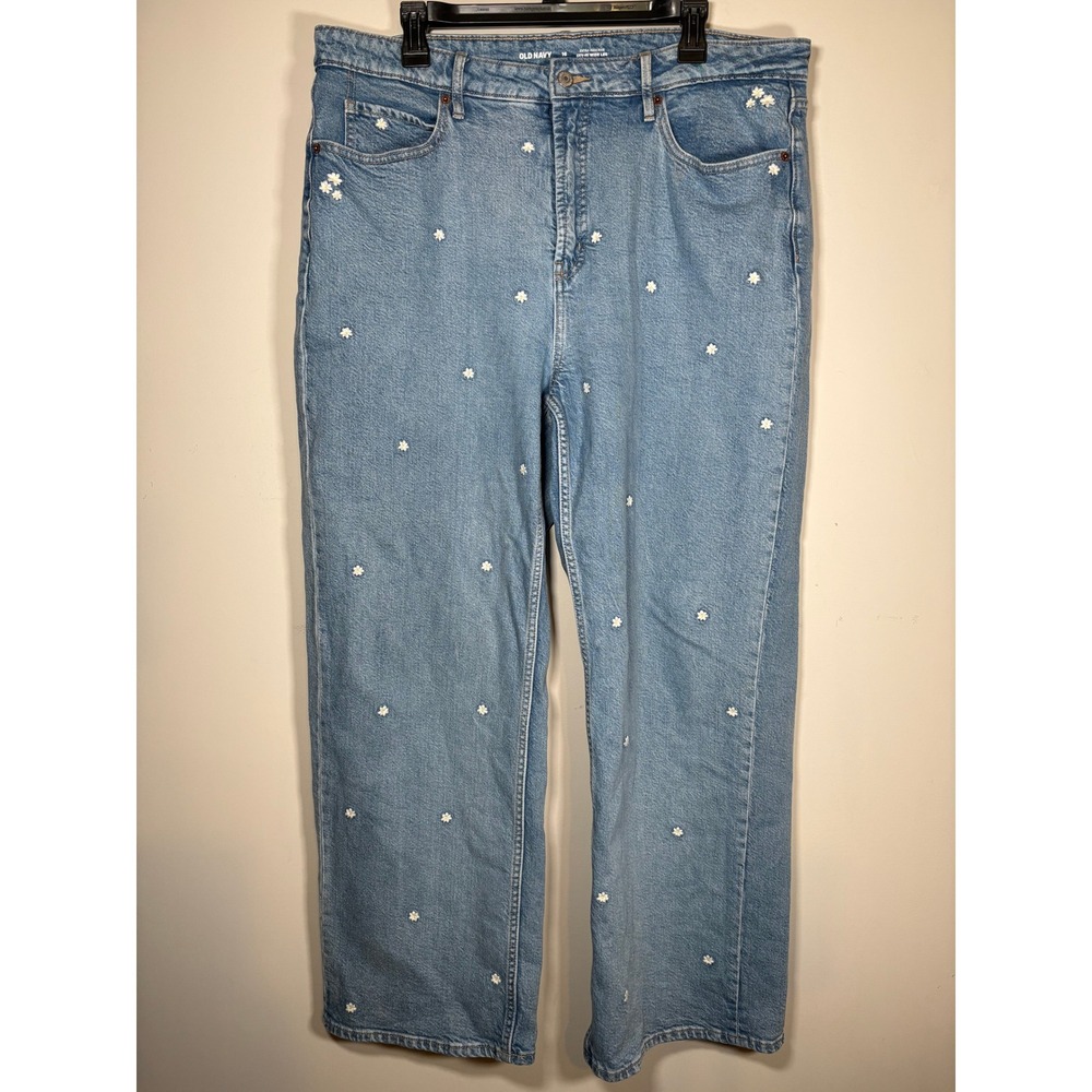 Old Navy Sky-Hi Wide Leg Jeans Blue Daisy Embroidered Floral Hippie 90s Size 16